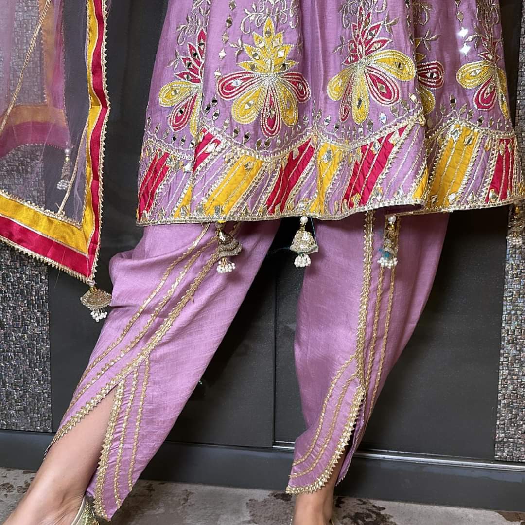 Lavender heavy gota and mirror and handwork suit with tulip pants