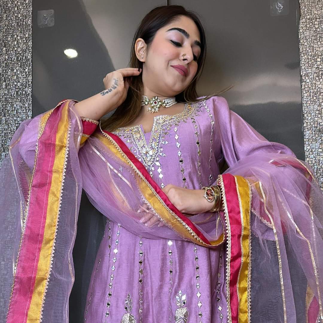 Lavender heavy gota and mirror and handwork suit with tulip pants