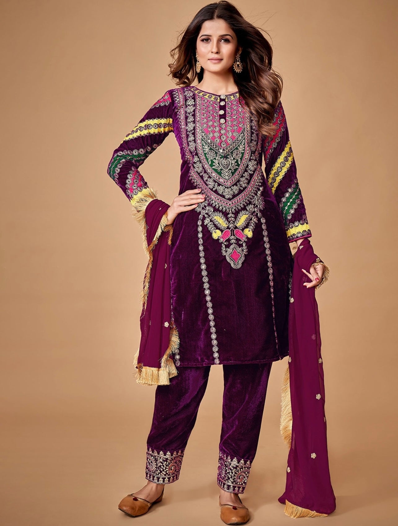 Regal Maroon Heavy embroidered and sequence work Velvet Kurta set