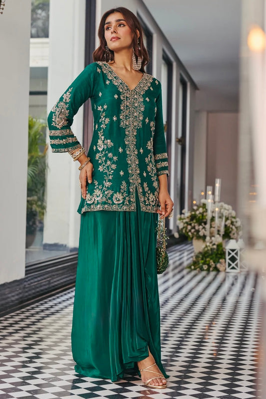 Emerald green heavy handwork indo western