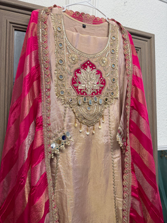 Light pink pure soft shimmer tissue mirror work A line kurta set with hot pink dupatta