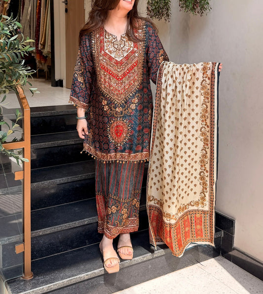 Blue beige multi semi crepe short topmpalazzo suit