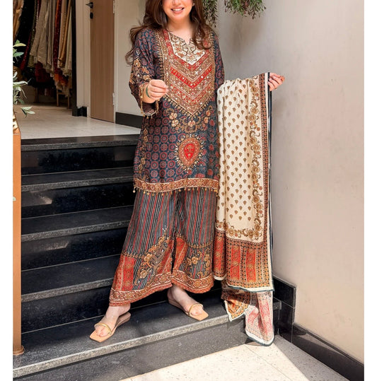 Blue beige multi semi crepe short topmpalazzo suit