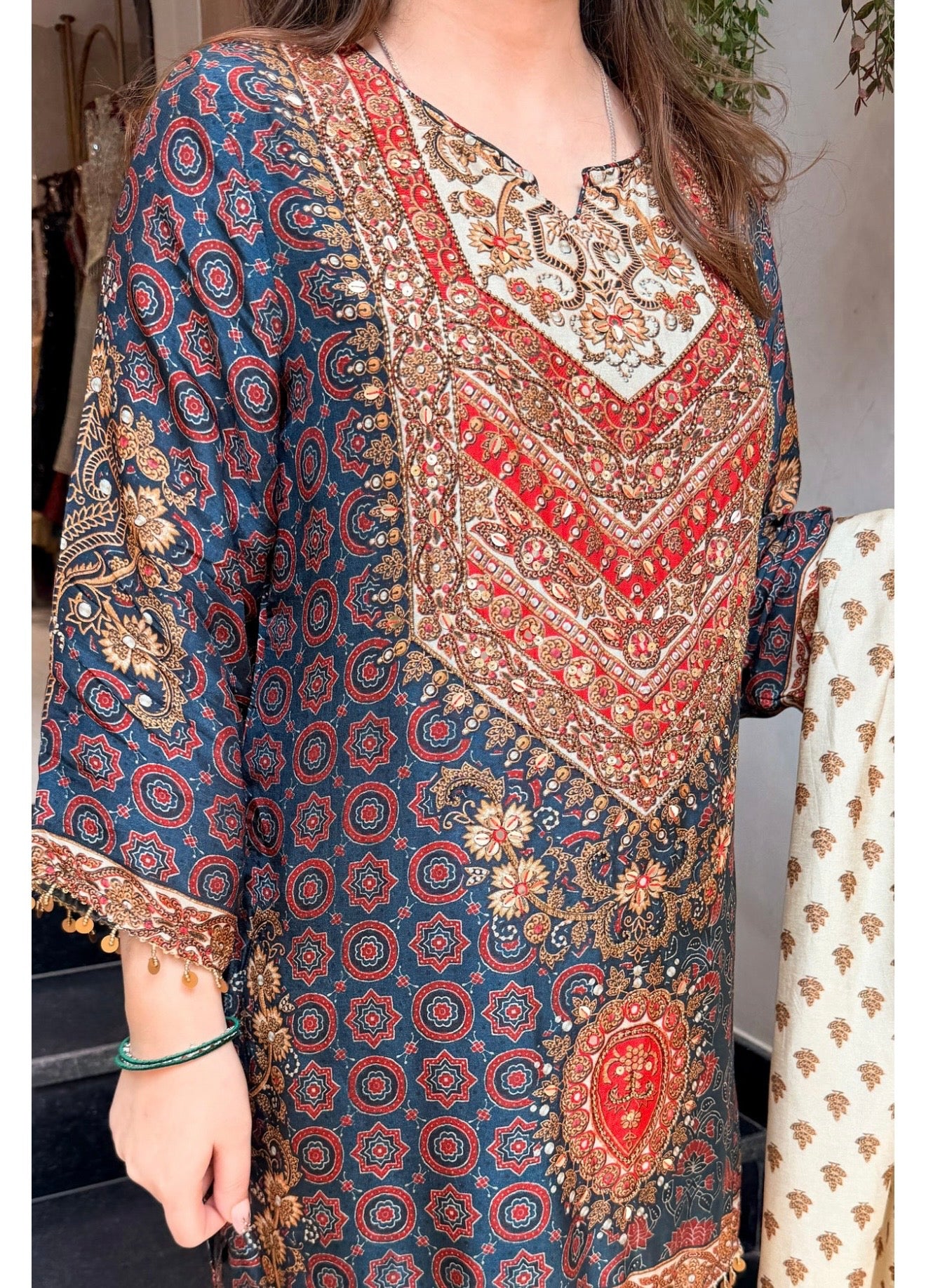 Blue beige multi semi crepe short topmpalazzo suit