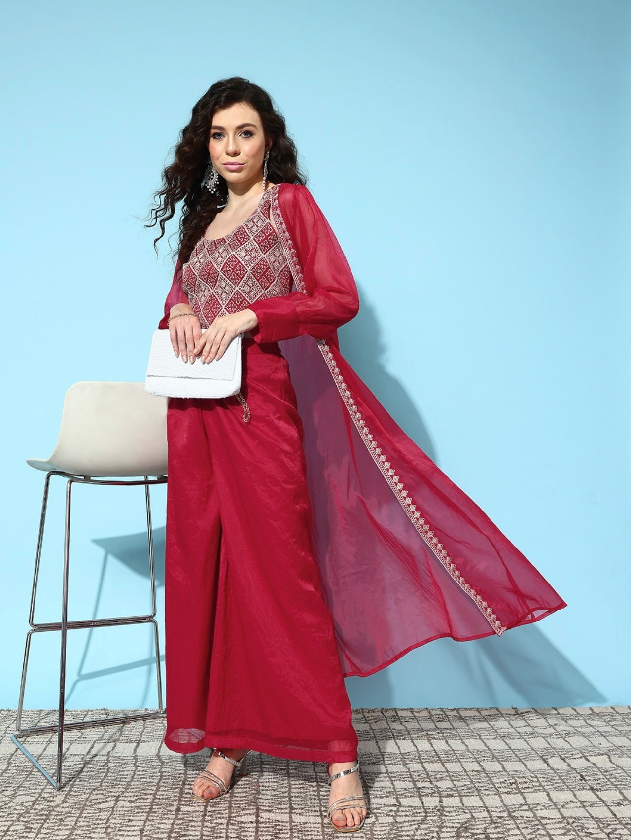 Maroon red elegant Embroidered crop top palazzo and shrug