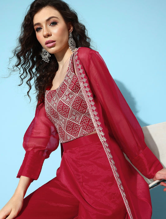 Maroon red elegant Embroidered crop top palazzo and shrug