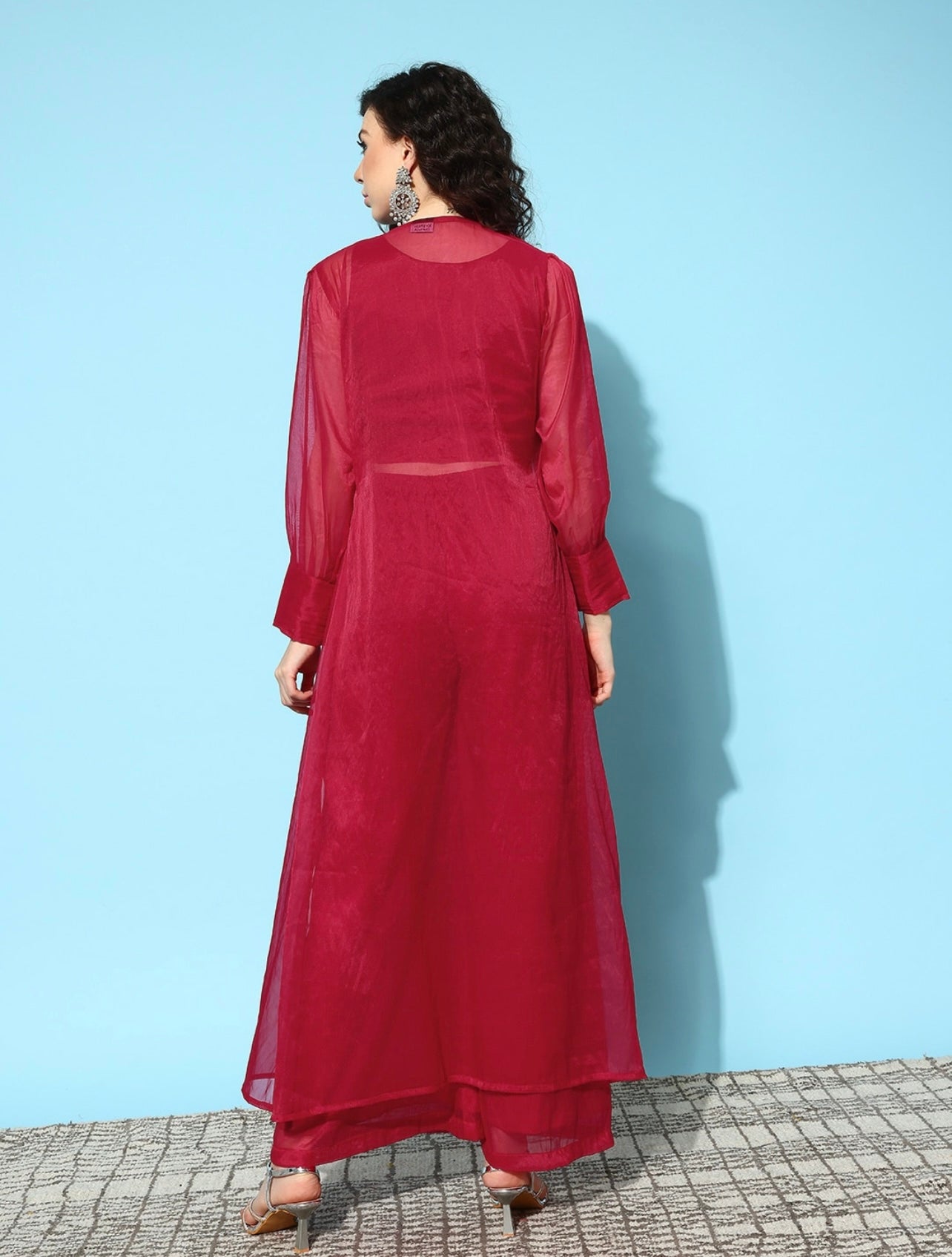 Maroon red elegant Embroidered crop top palazzo and shrug