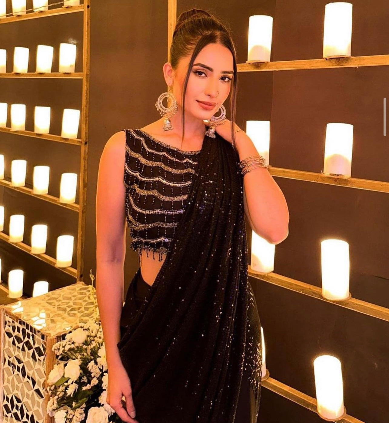 Black heavy handwork Sequin work predraped cocktail saree