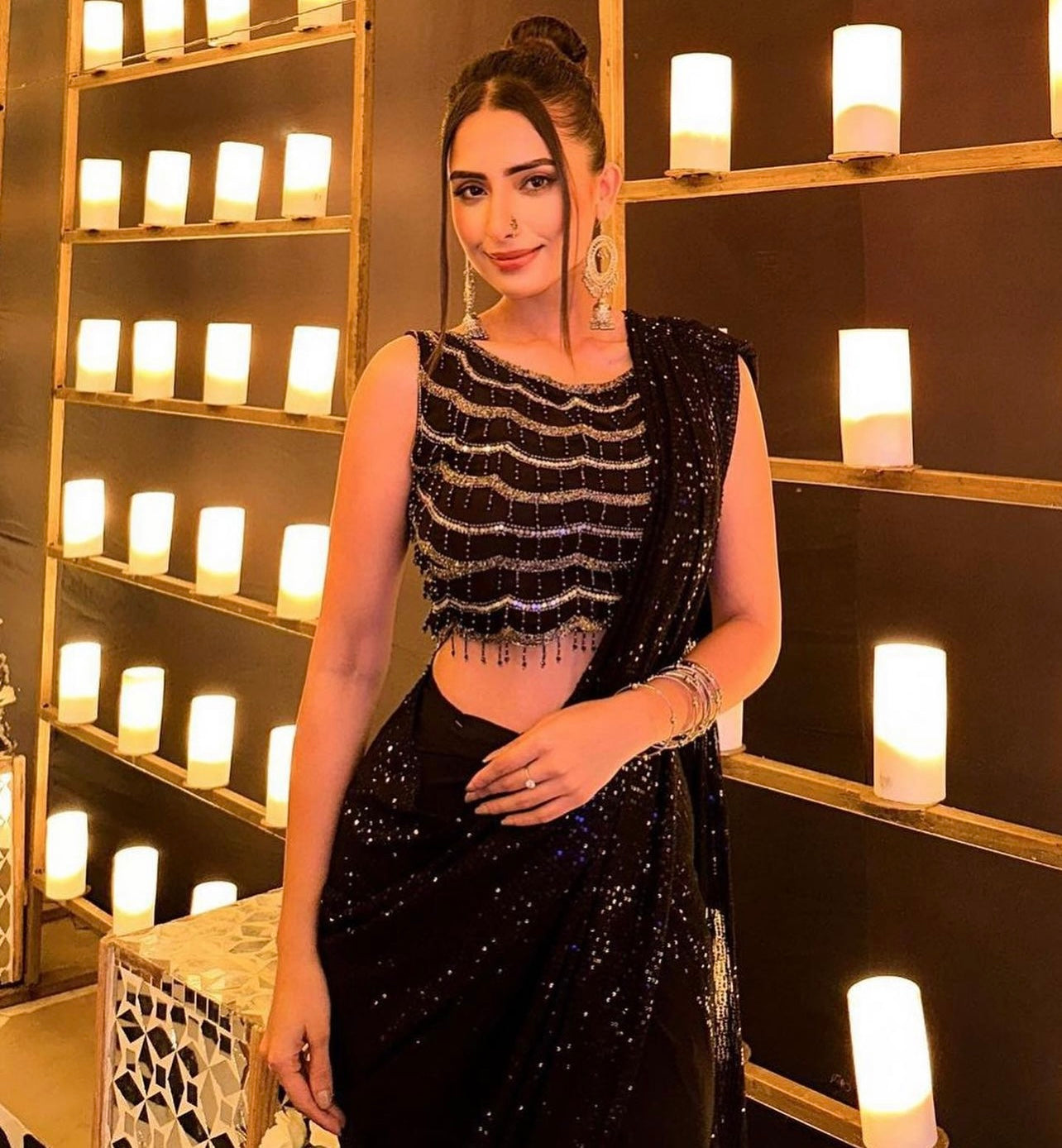 Black heavy handwork Sequin work predraped cocktail saree
