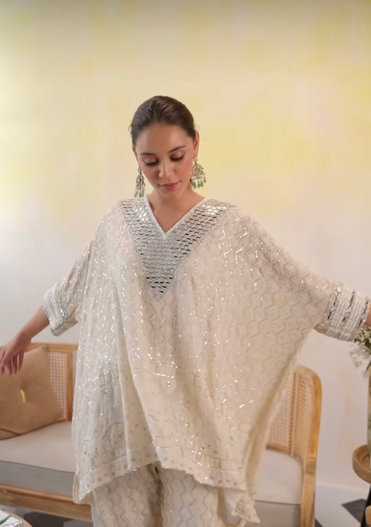 Off White chikankari Heavy Mirror kaftan co-ord set