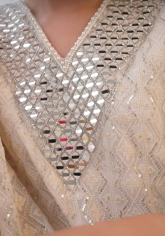Off White chikankari Heavy real Mirror kaftan co-ord set