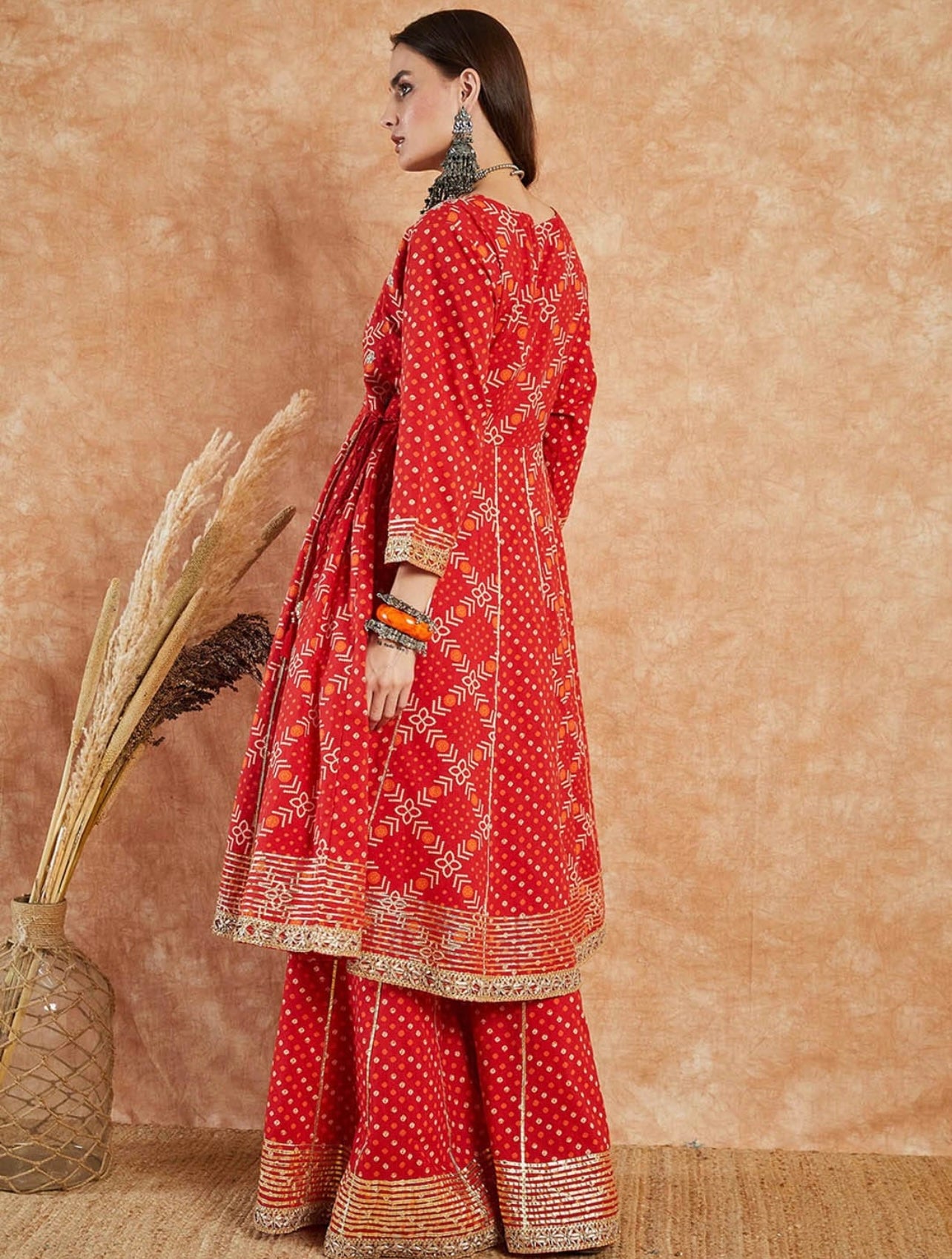 Red bandhni print Heavy gota work flared kurta Palazzo set