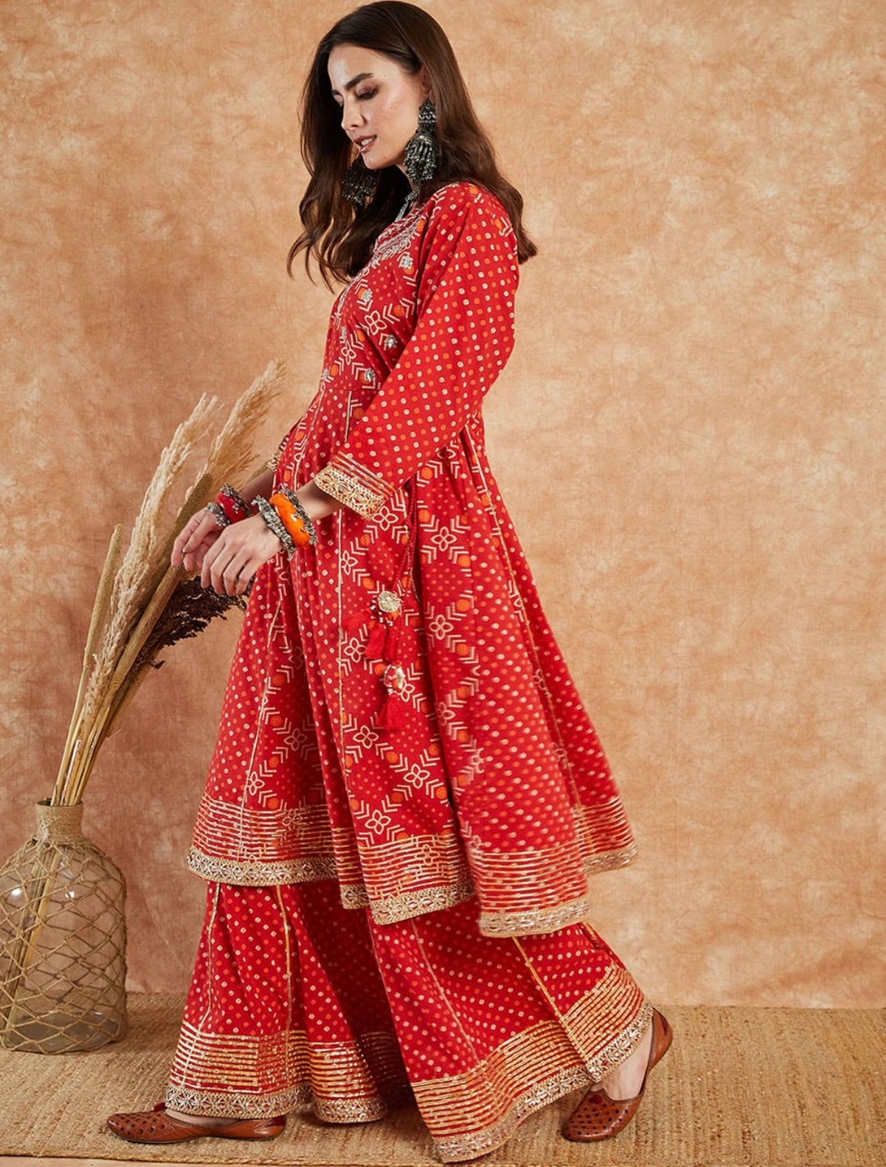 Red bandhni print Heavy gota work flared kurta Palazzo set