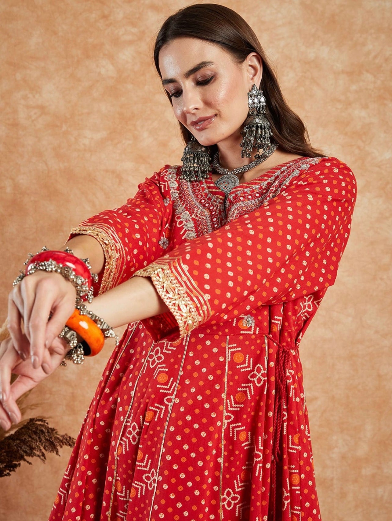 Red bandhni print Heavy gota work flared kurta Palazzo set