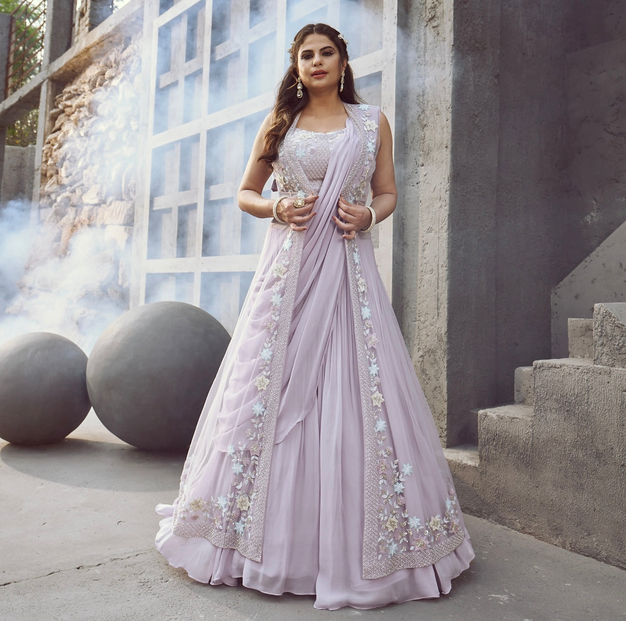 Lavender heavy handwork draped saree with jacket