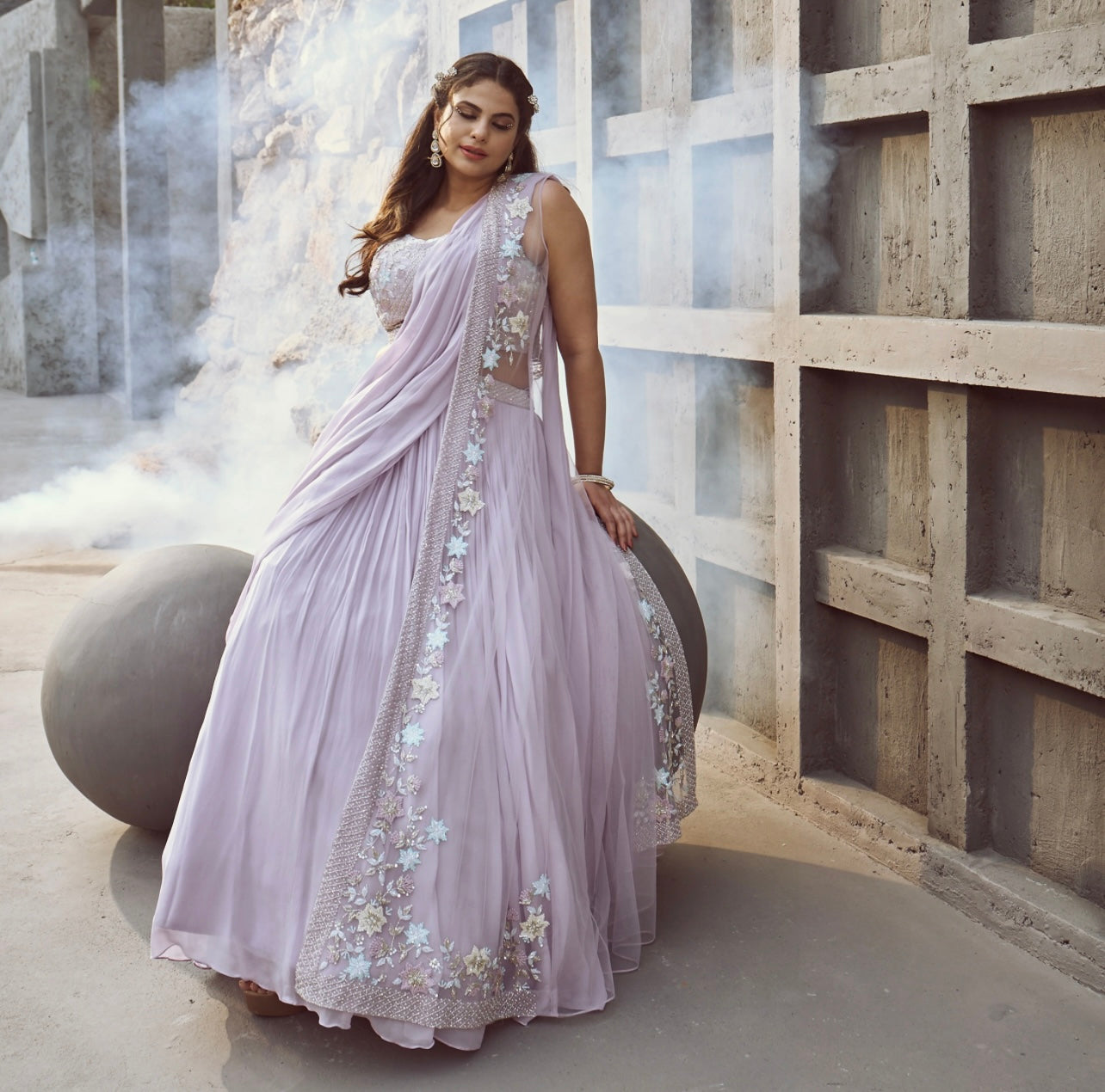 Lavender heavy handwork draped saree with jacket