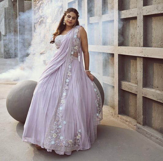 Lavender heavy handwork draped saree with jacket