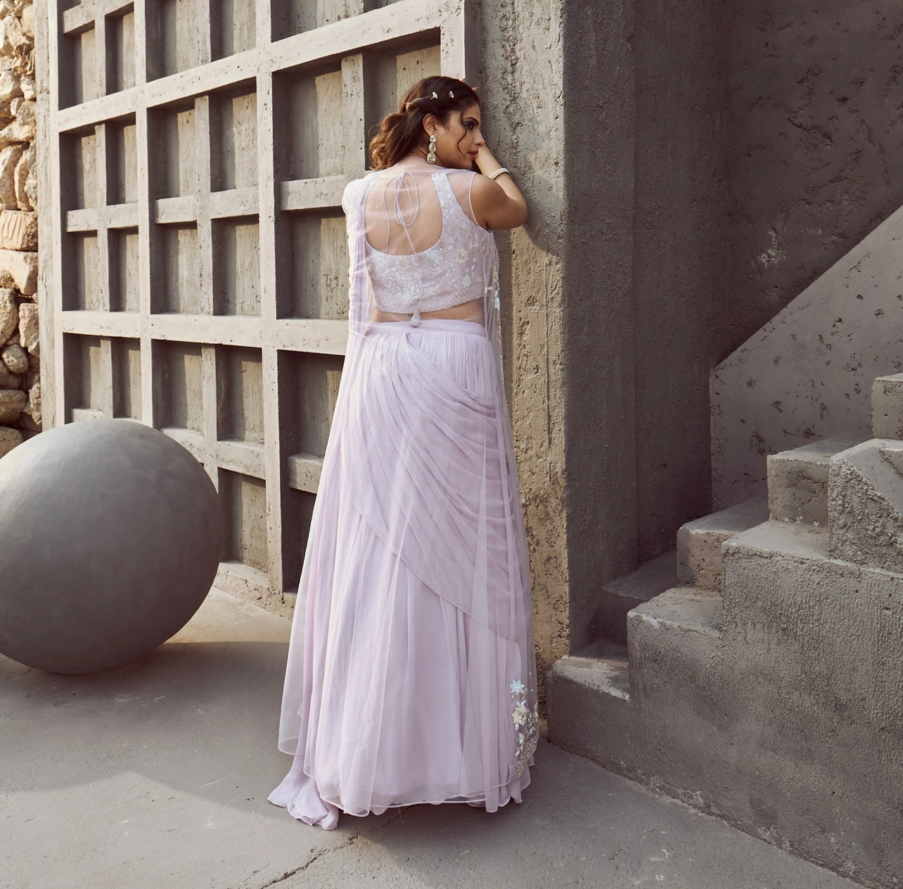 Lavender heavy handwork draped saree with jacket