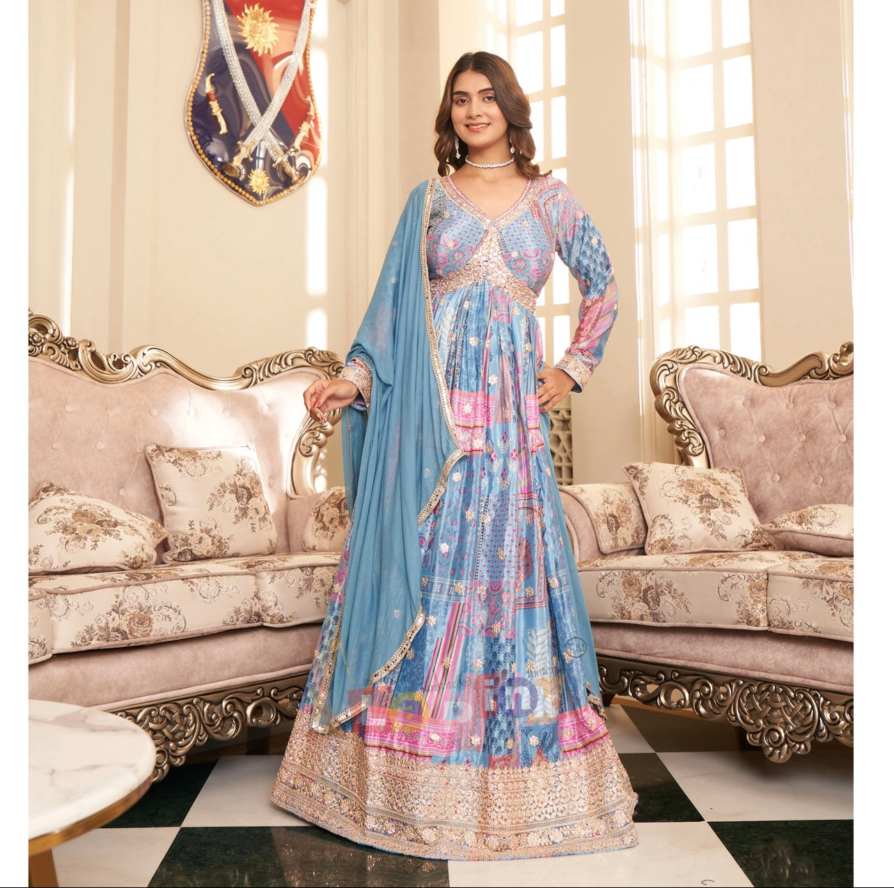 Sky Blue elegant Alia cut Long Gown Indi Ethnics Sky Blue elegant Alia cut Long Gown Indi Ethnics