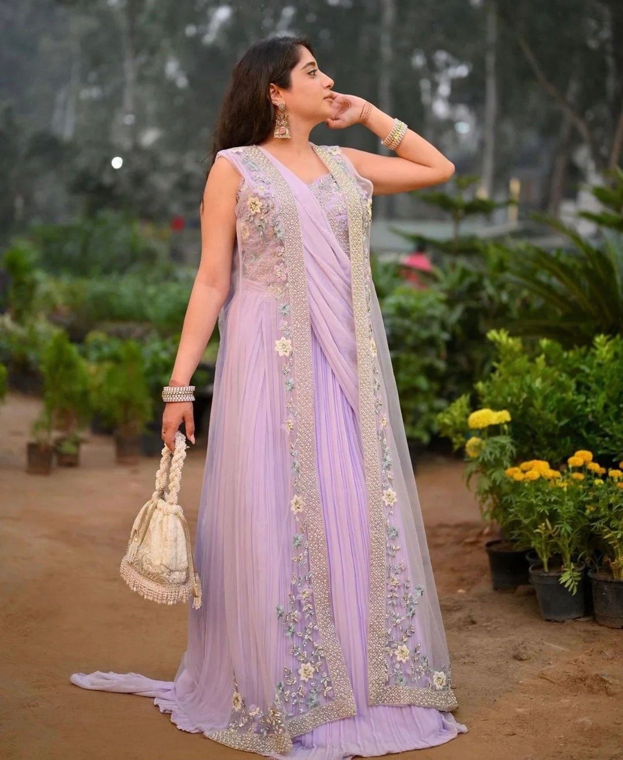 Lavender heavy handwork draped saree with jacket