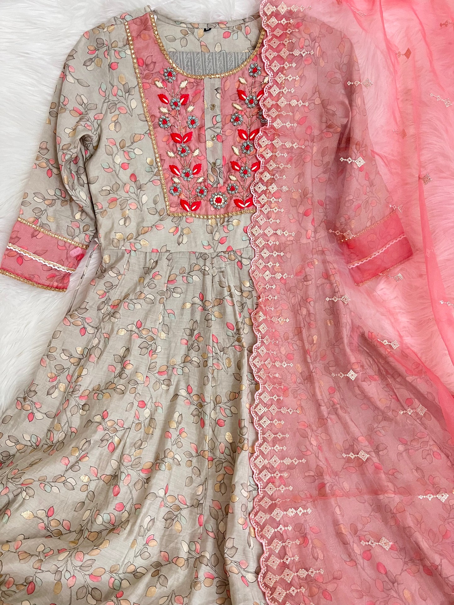 Grey and Pink Beautiful handwork Anarkali Kurta set