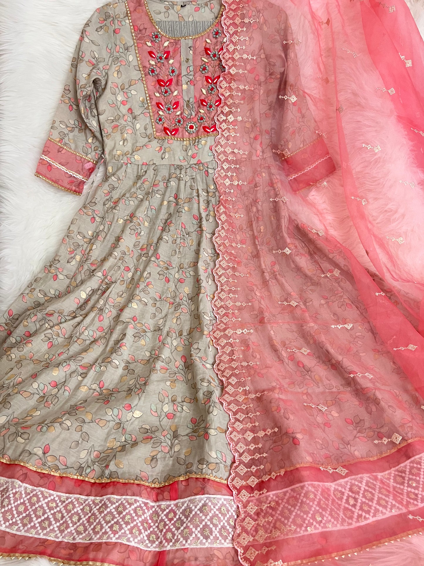 Grey and Pink Beautiful handwork Anarkali Kurta set