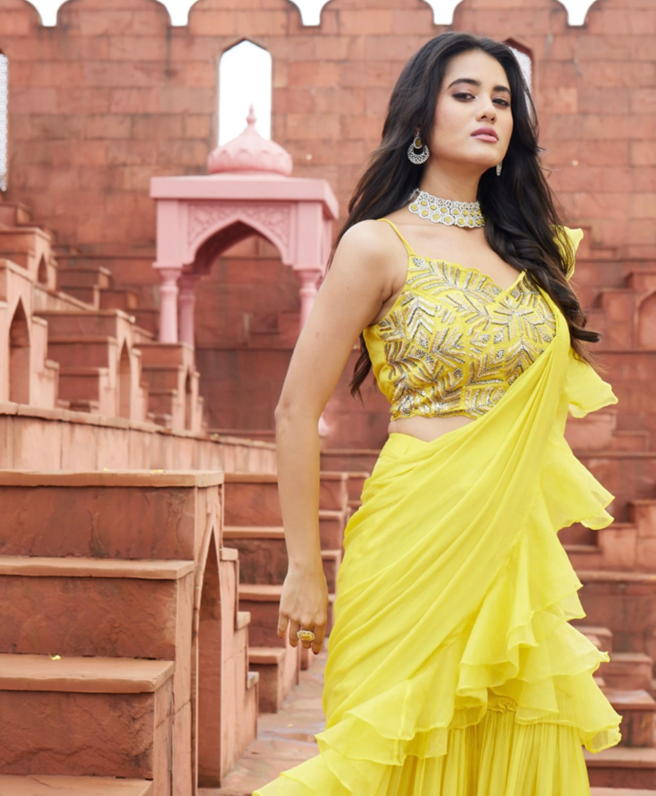 Yellow handwork Reday to wear saree