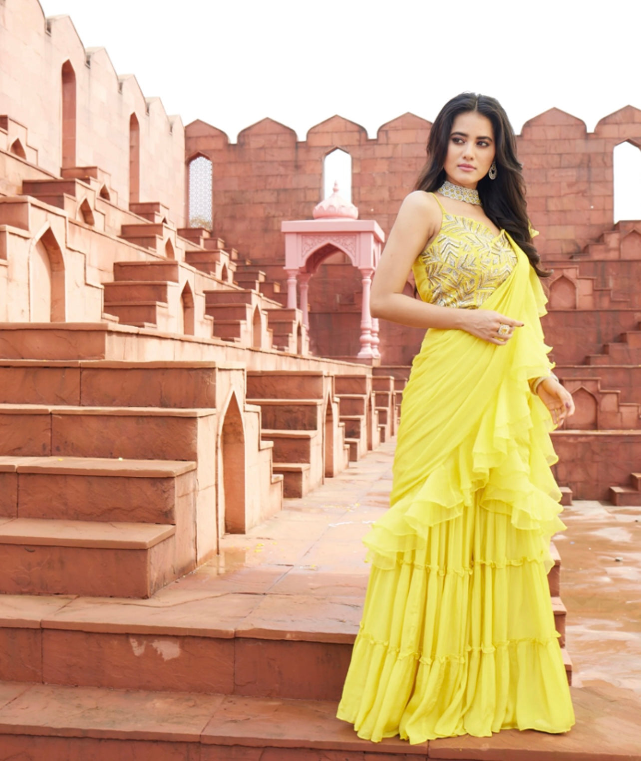 Yellow handwork Reday to wear saree