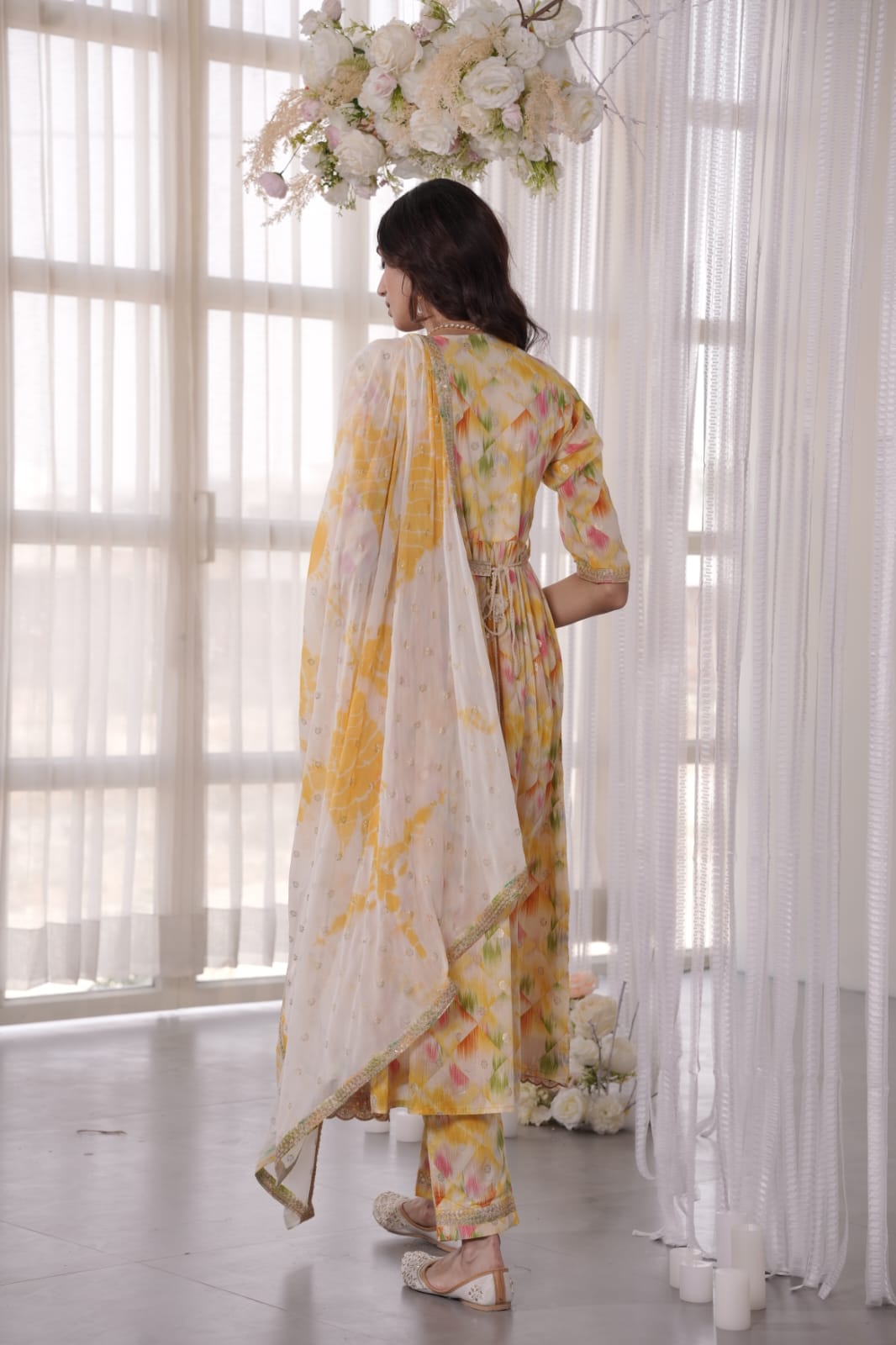 Yellow Heavy Mirror yoke Front Slit Kurta set