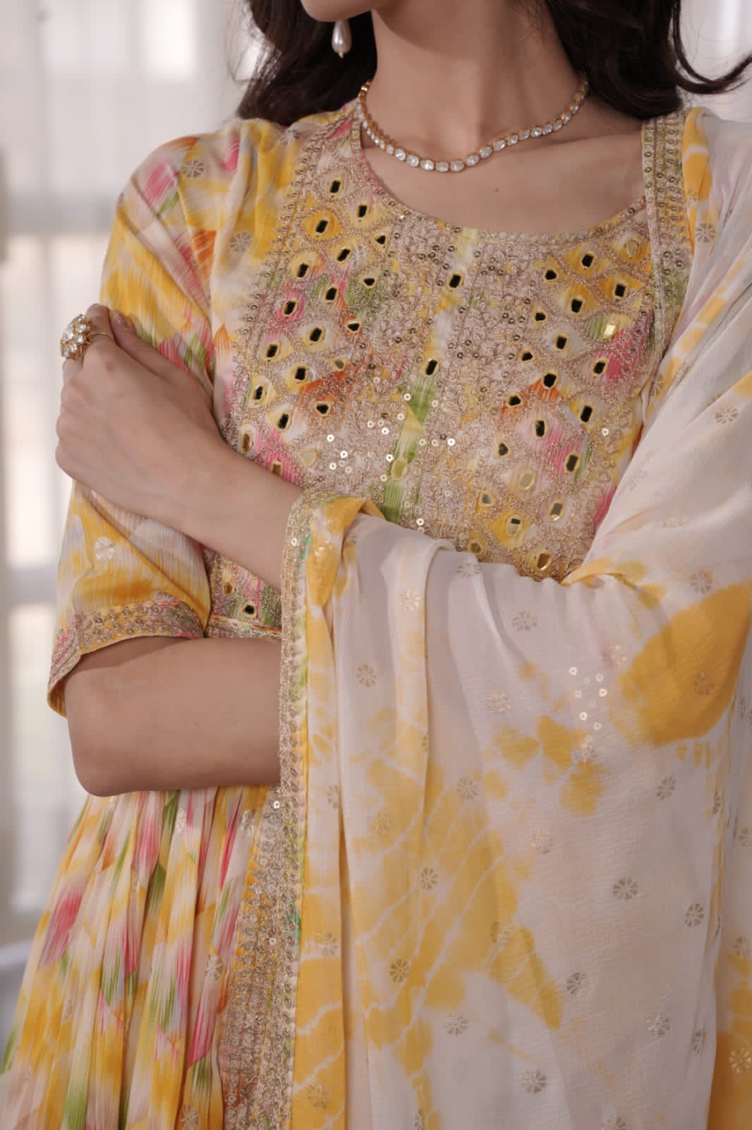 Yellow Heavy Mirror yoke Front Slit Kurta set