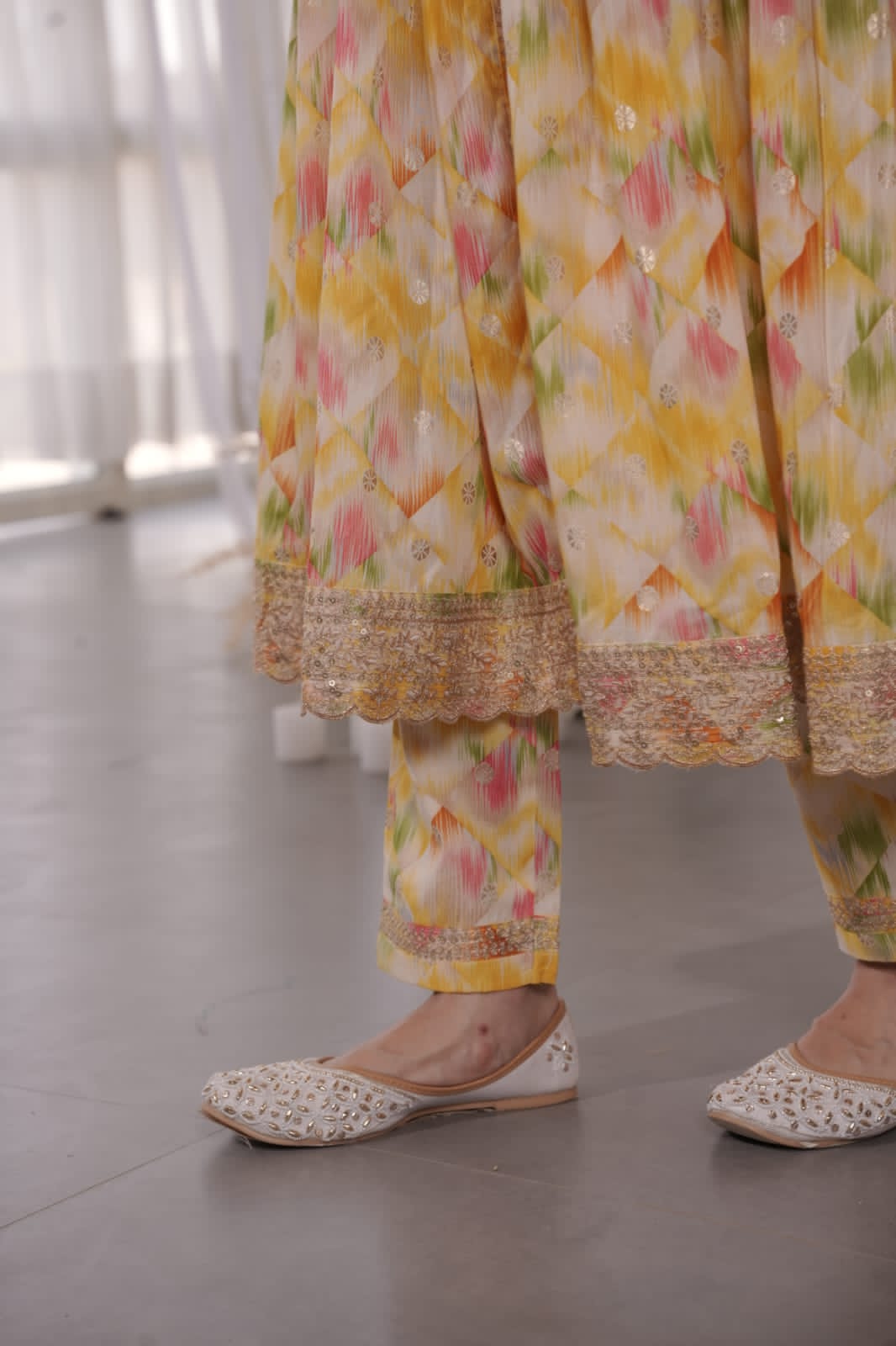 Yellow Heavy Mirror yoke Front Slit Kurta set