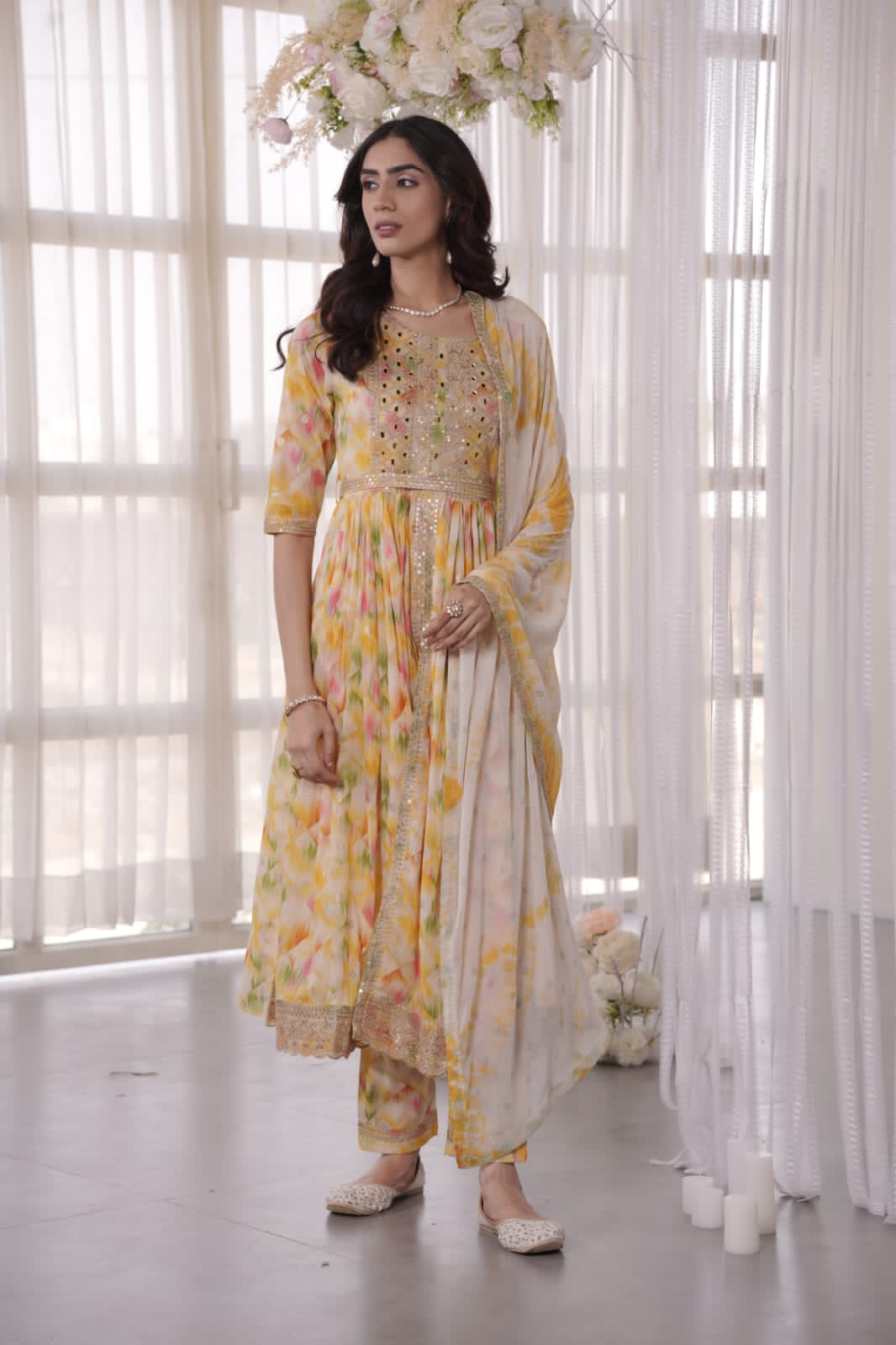 Yellow Heavy Mirror yoke Front Slit Kurta set
