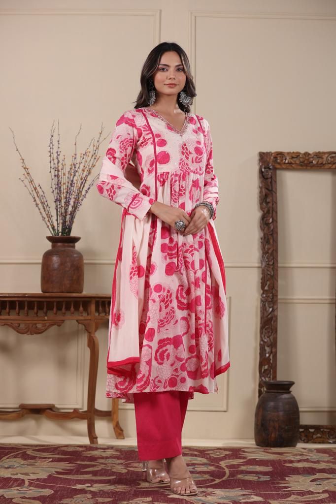 Pink Floral Nyra cut kurta set