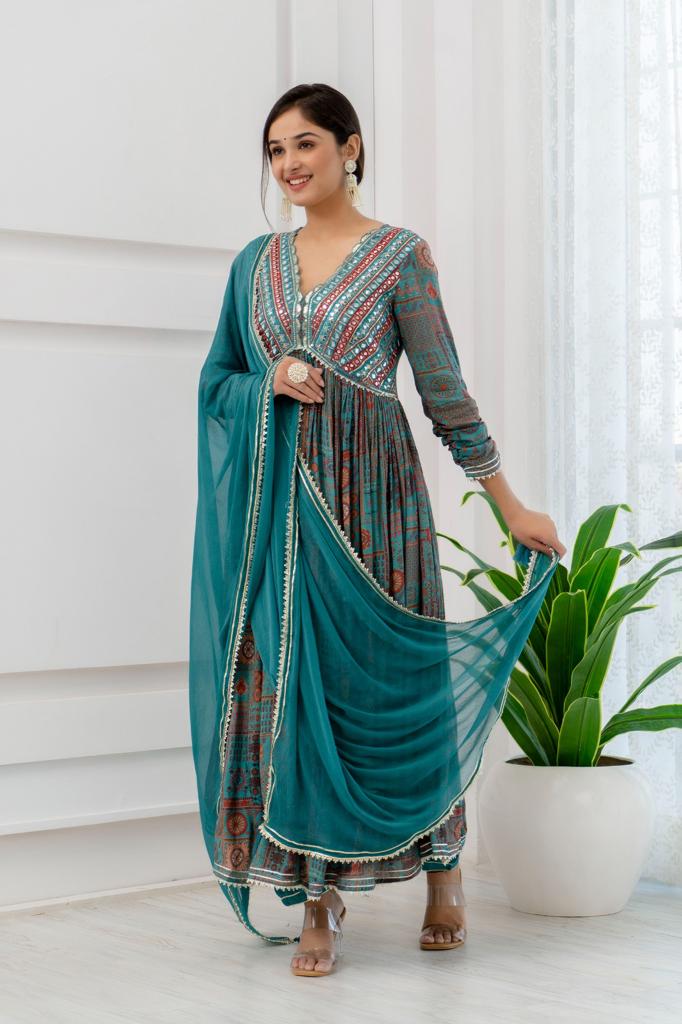 Teal smart deep neck Alia cut suit