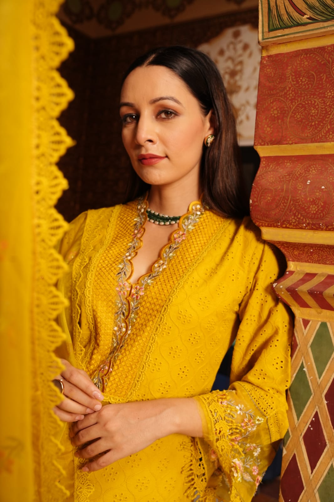 Yellow V neck elegant kurta set