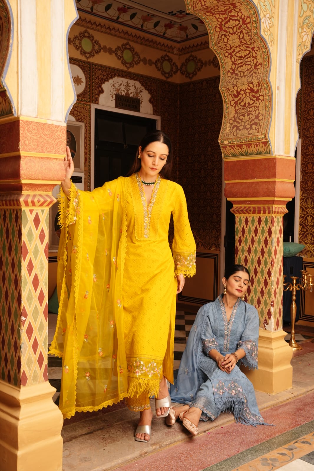 Yellow V neck elegant kurta set
