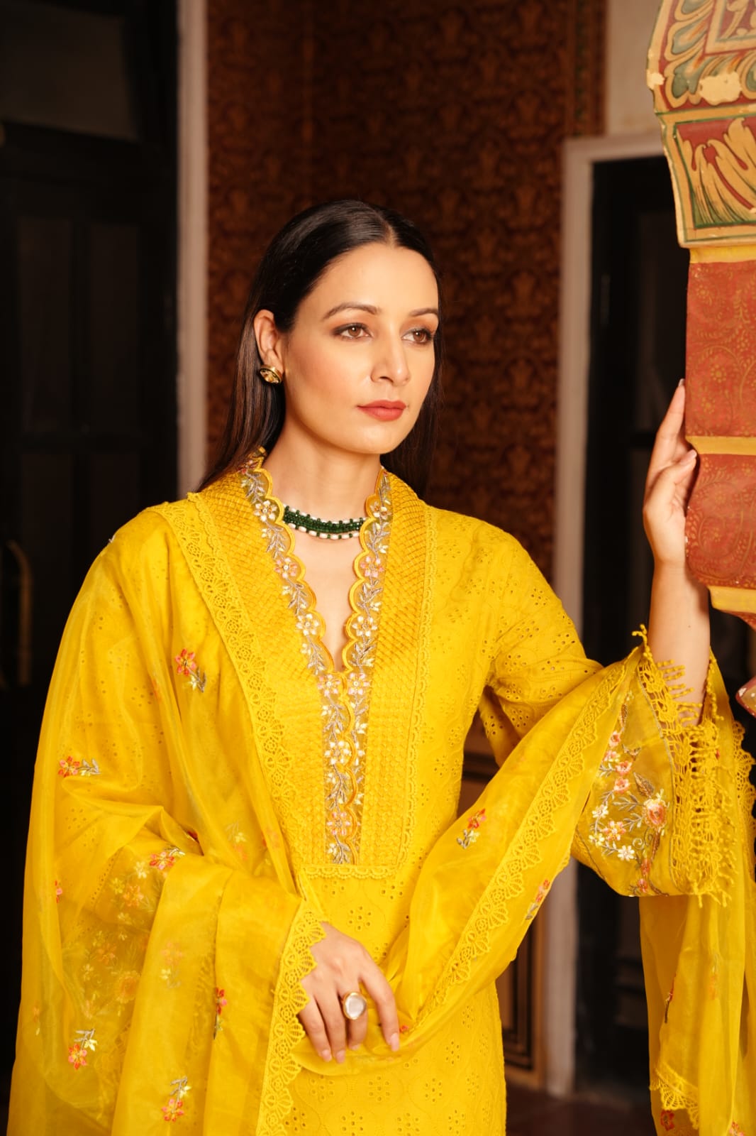Yellow V neck elegant kurta set