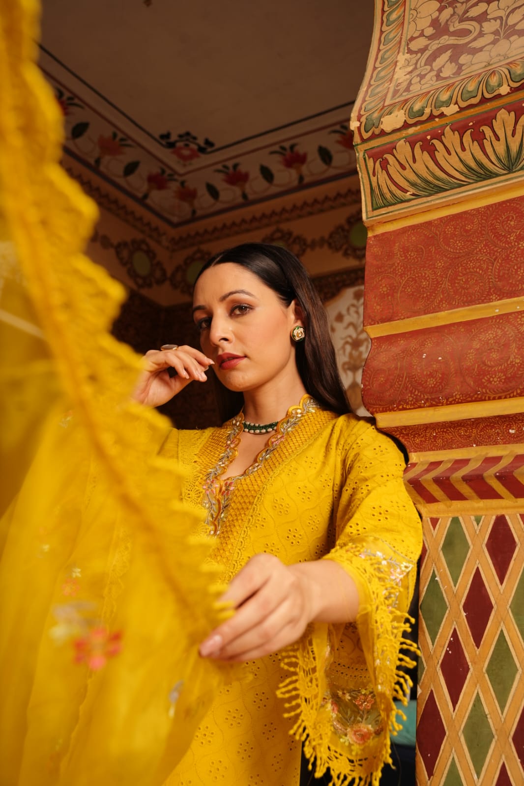 Yellow V neck elegant kurta set