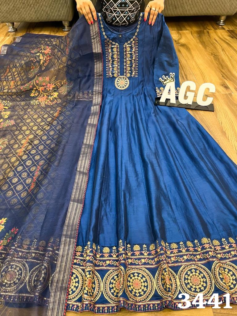 Plus Size Blue beautifully Embroidered Anarkali kurta set