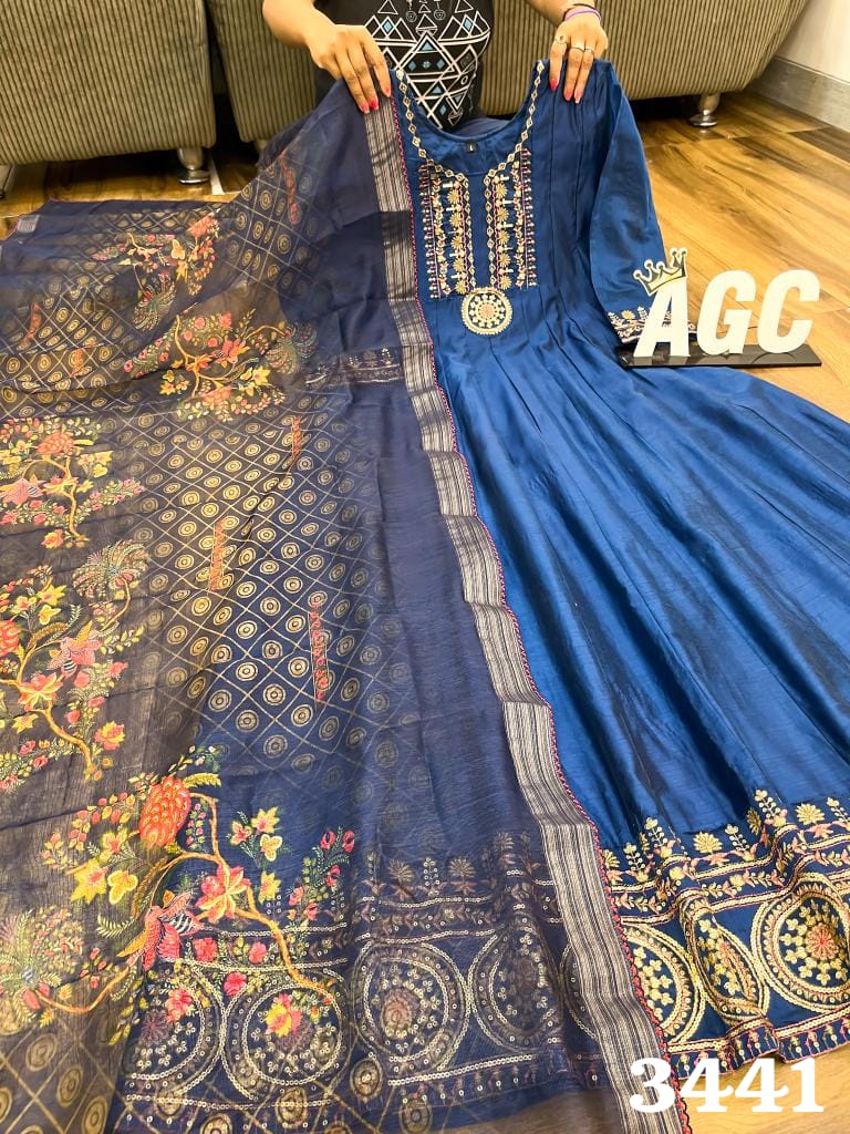 Plus Size Blue beautifully Embroidered Anarkali kurta set