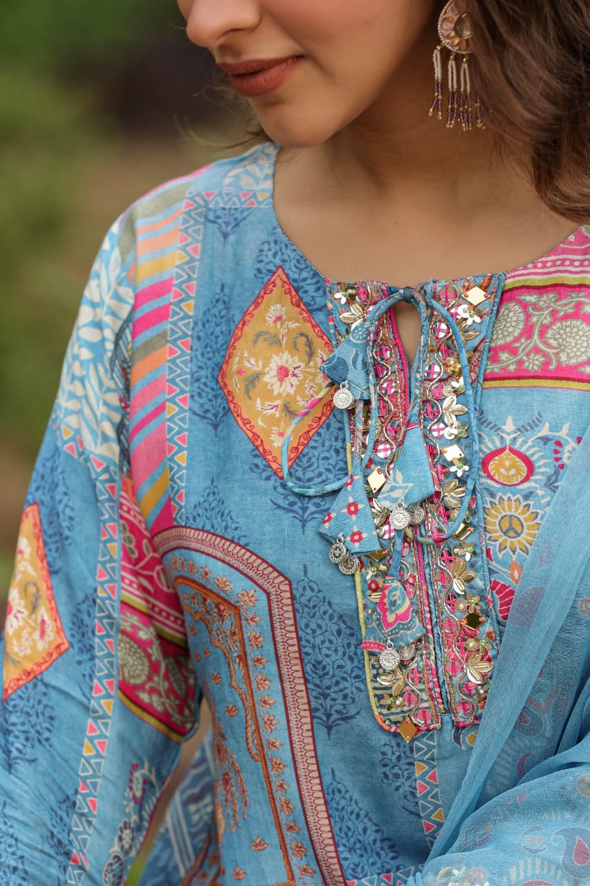 Sky Blue smart casual kurta set with neck work