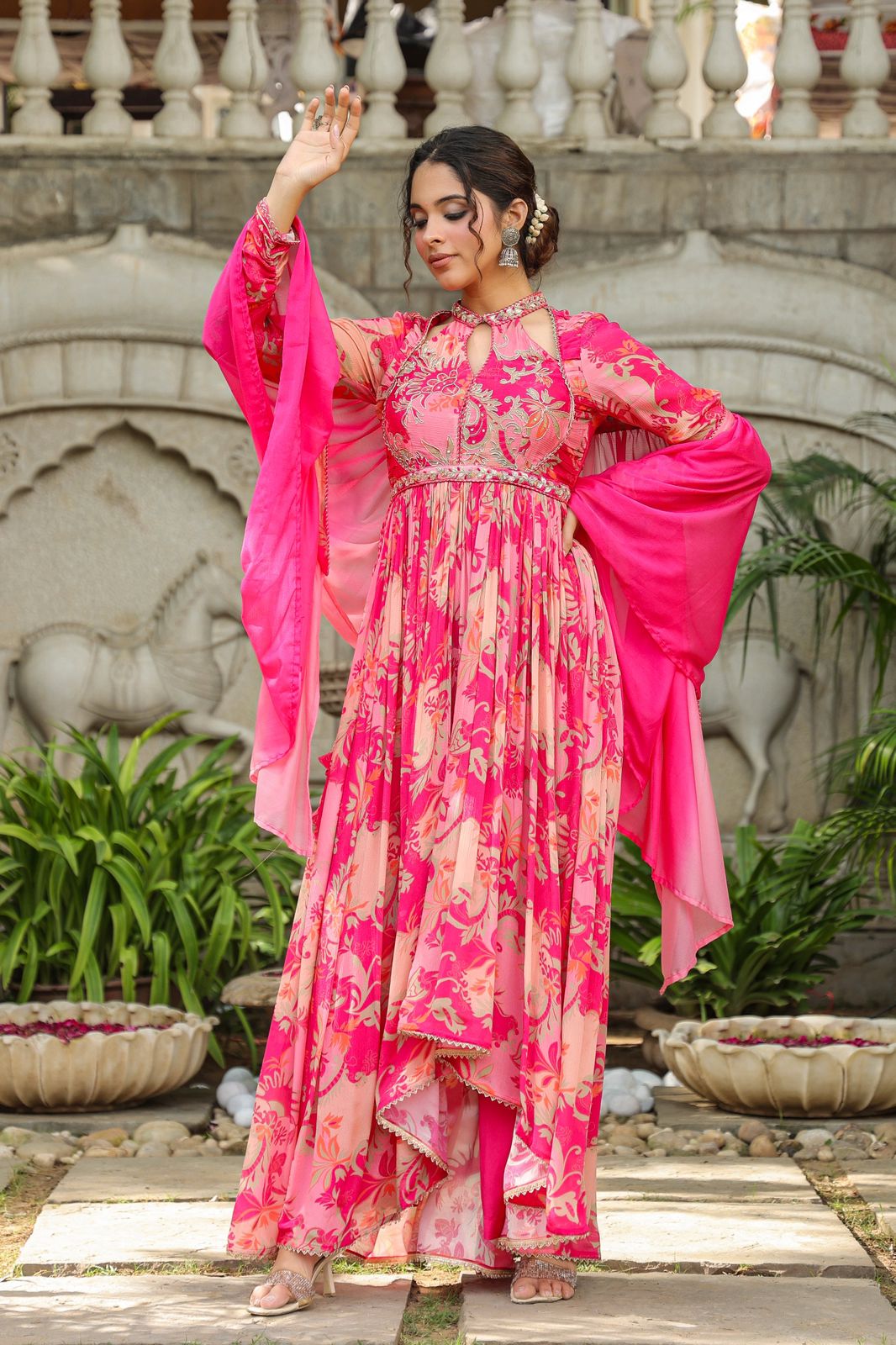 Hot Pink designer Zari work Kurta set with high neck pattern