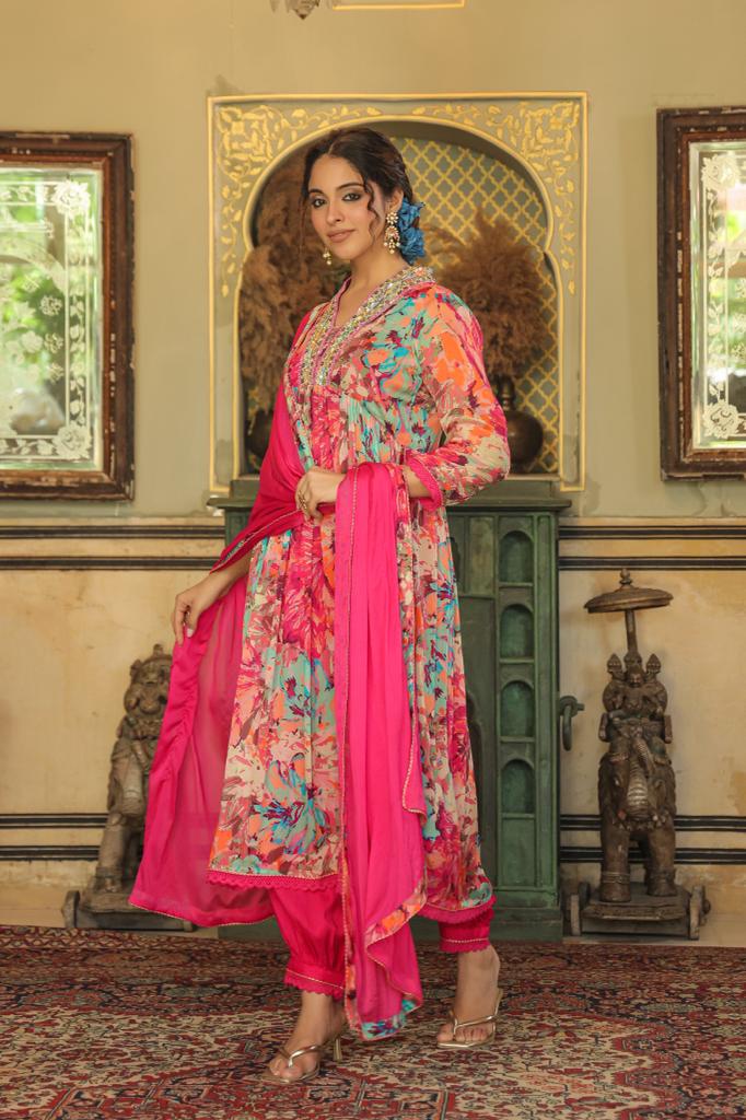 Floral Muticolor high neck kurta set with afghani pants