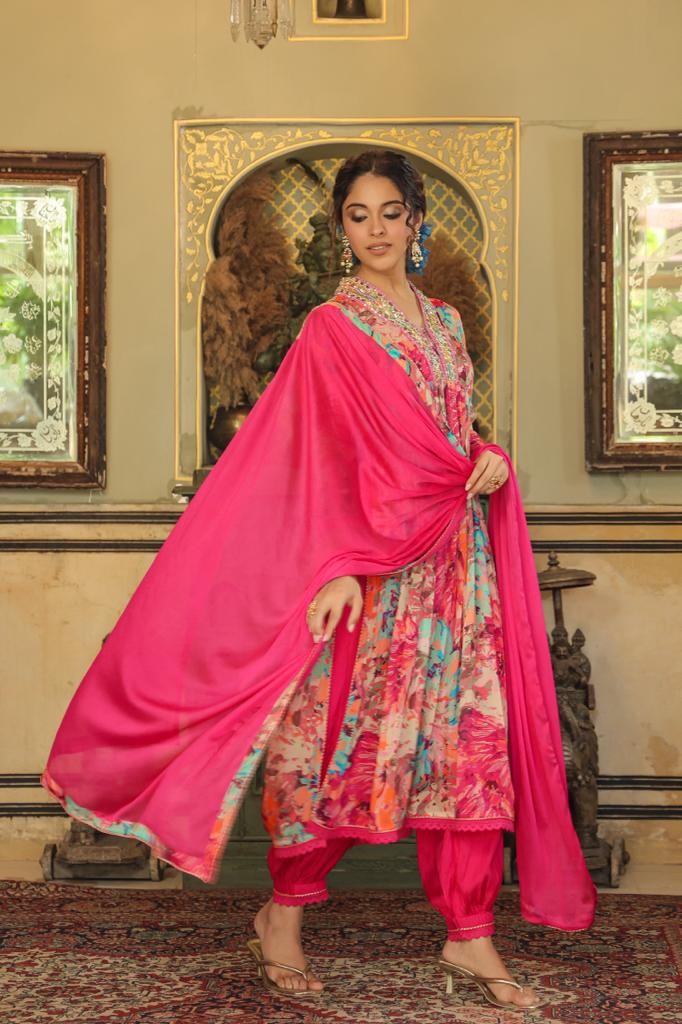 Floral Muticolor high neck kurta set with afghani pants