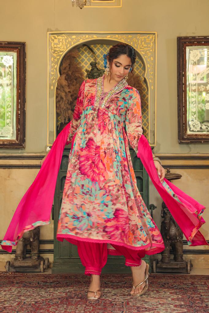 Floral Muticolor high neck kurta set with afghani pants
