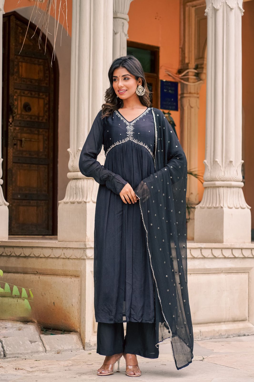 Black jardoshi handwork alia cut suit