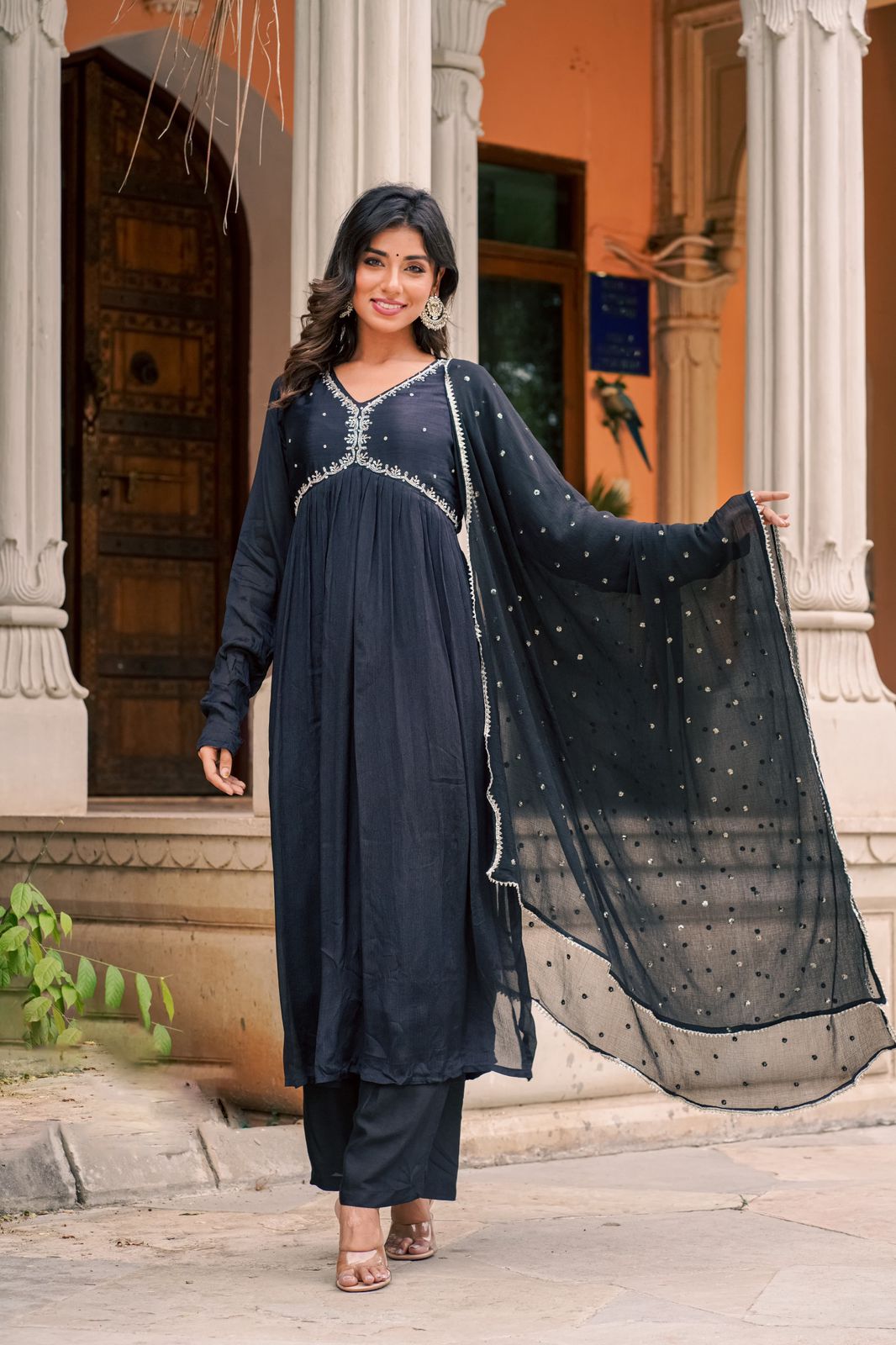 Black jardoshi handwork alia cut suit