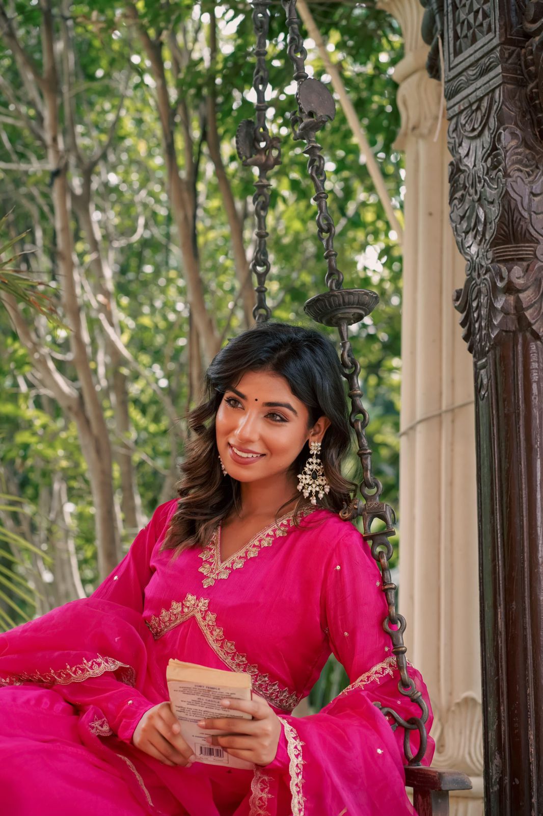Hot Pink Alia cut kurta set with handwork yoke