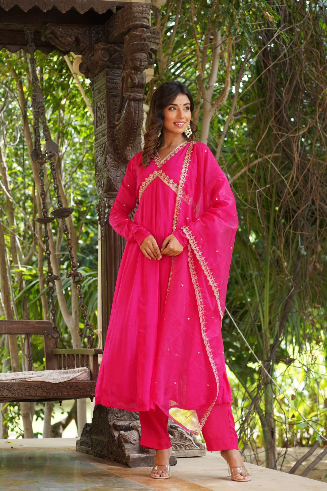Hot Pink Alia cut kurta set with handwork yoke