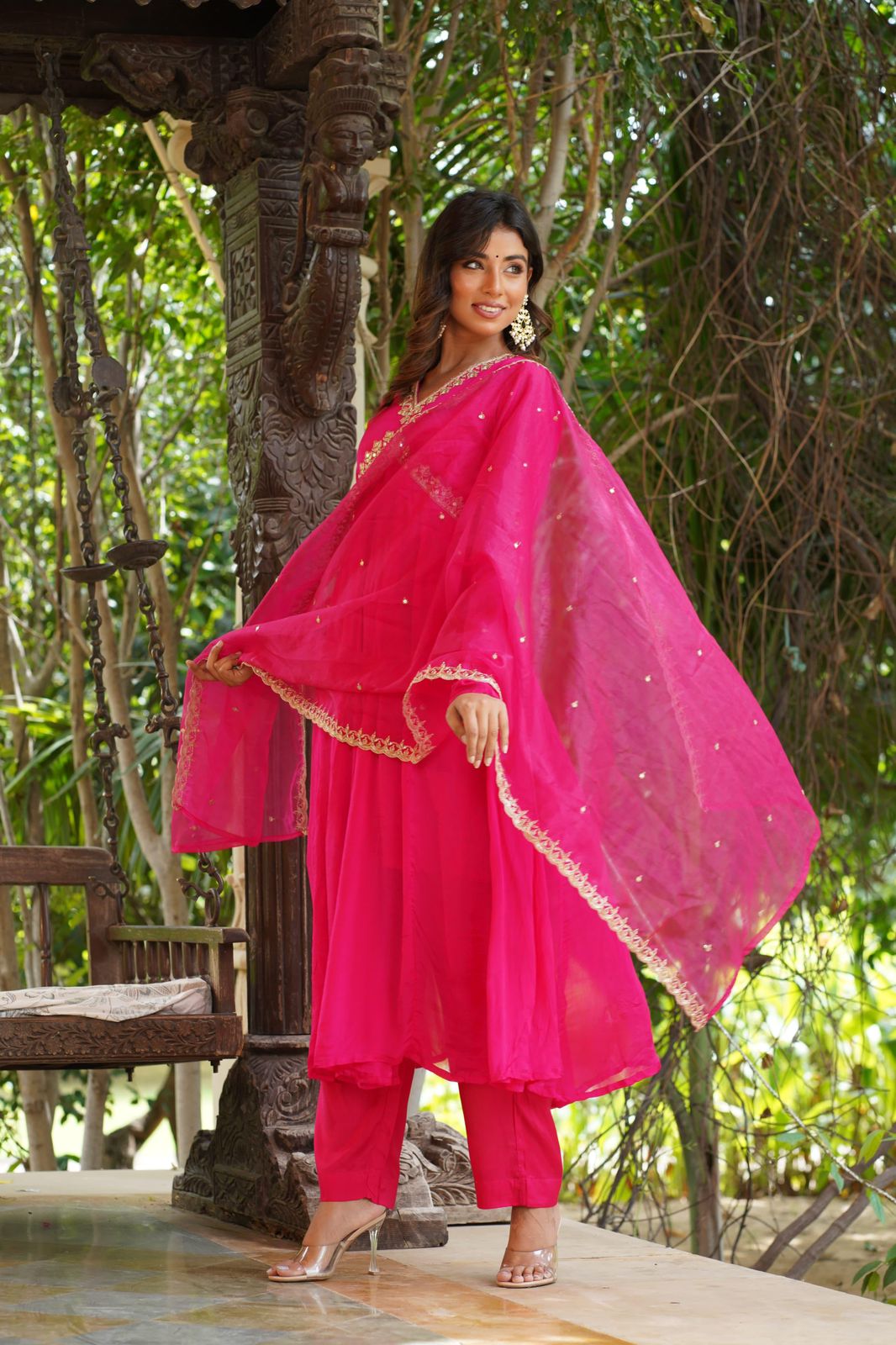 Hot Pink Alia cut kurta set with handwork yoke